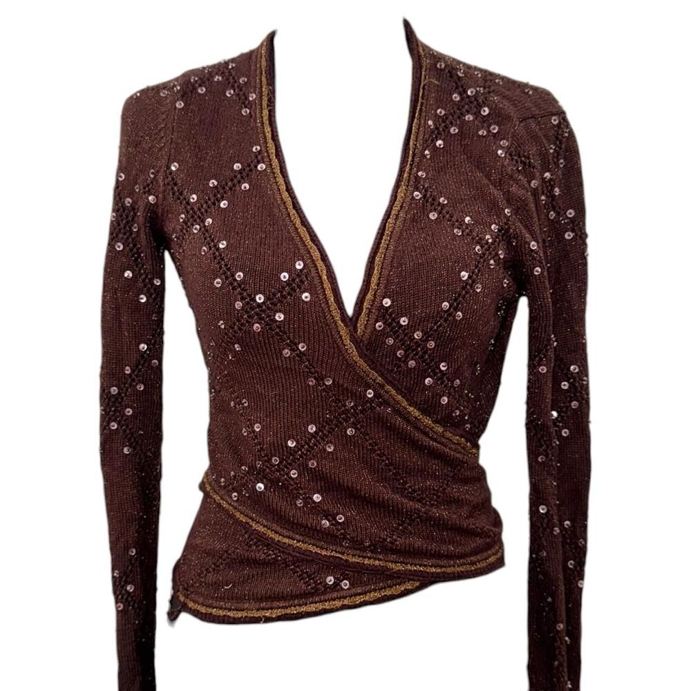 Cache brown sequin wrap top with gold trim and sequin pattern, size M